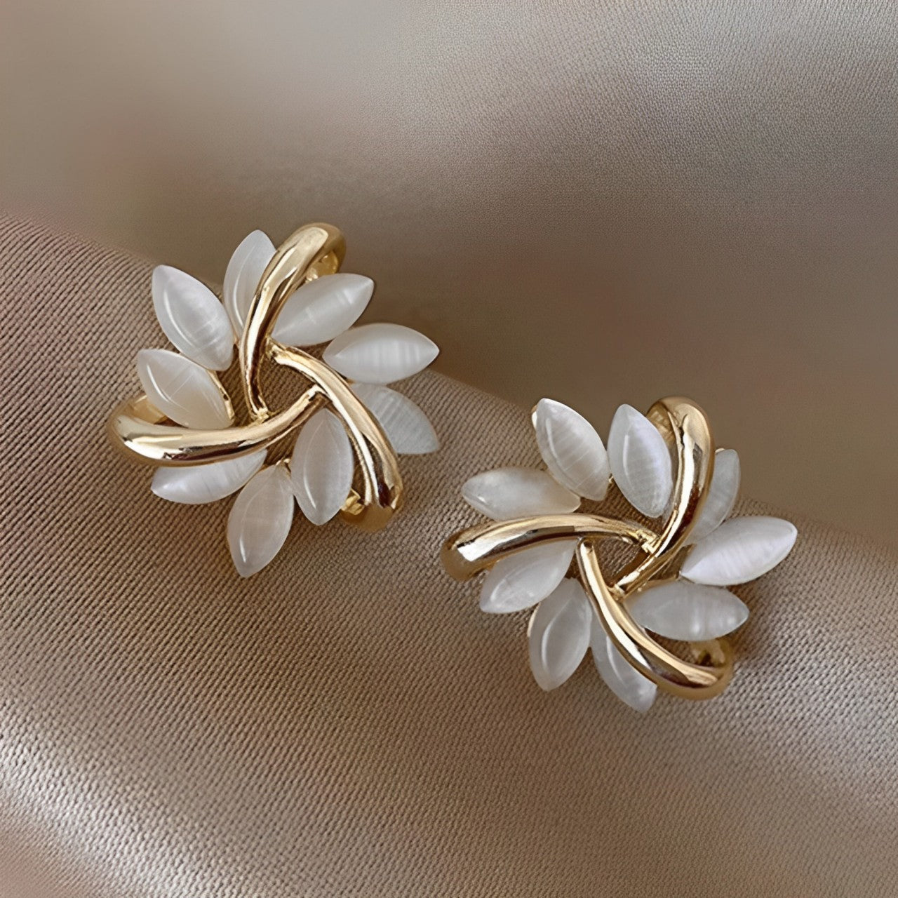 Courtney - Opal Moon-Petal Stud Earrings in Golden Tone