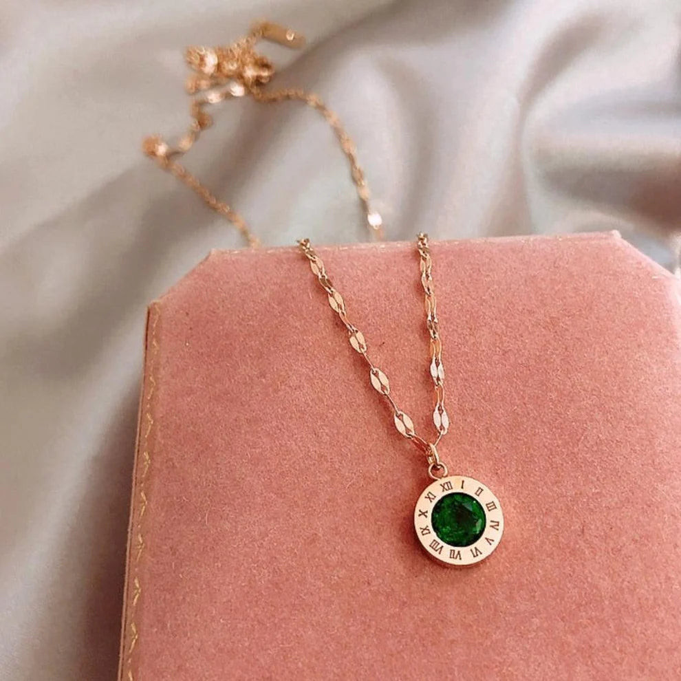 Time Necklace with Emerald in Golden Tone