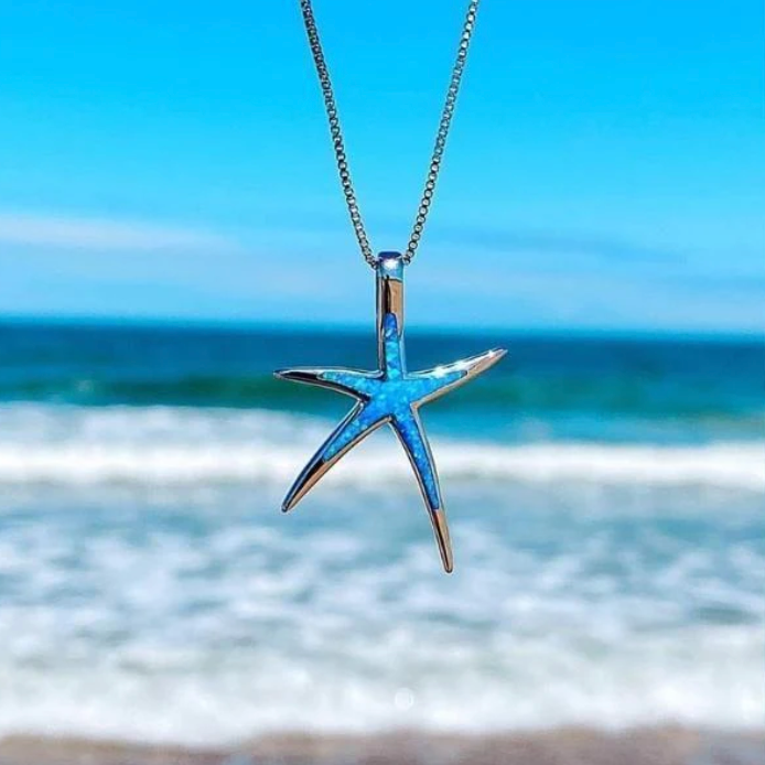 Blue Opal and Silver Tone Starfish Necklace