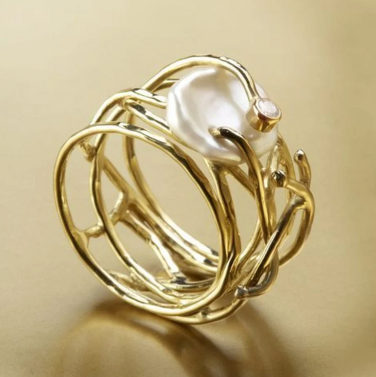 Vintage Thin Golden Tone & Pearl Ring