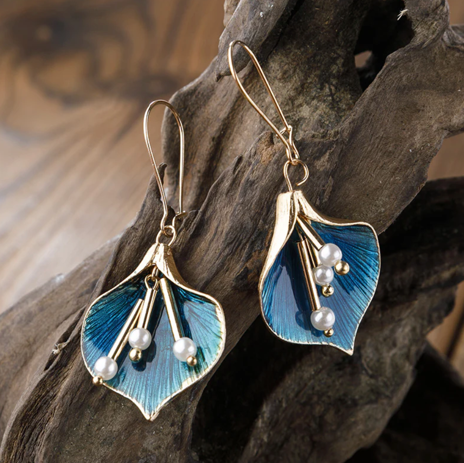 Liora - Vintage Blue Lotus Silver Tone Earrings