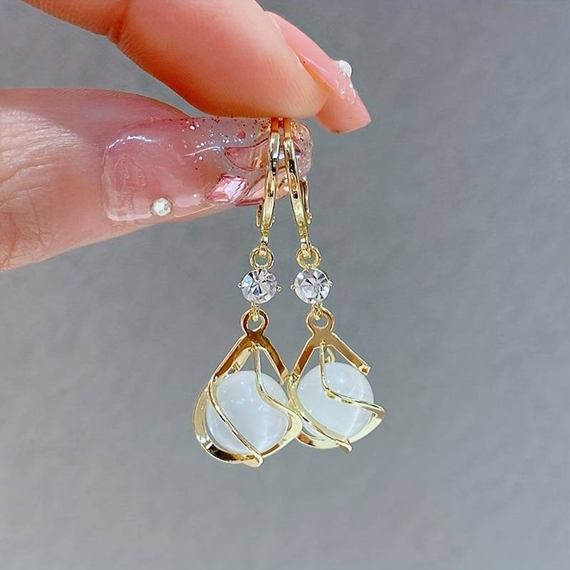 Violet - White Opal Dangling Golden Tone Earrings